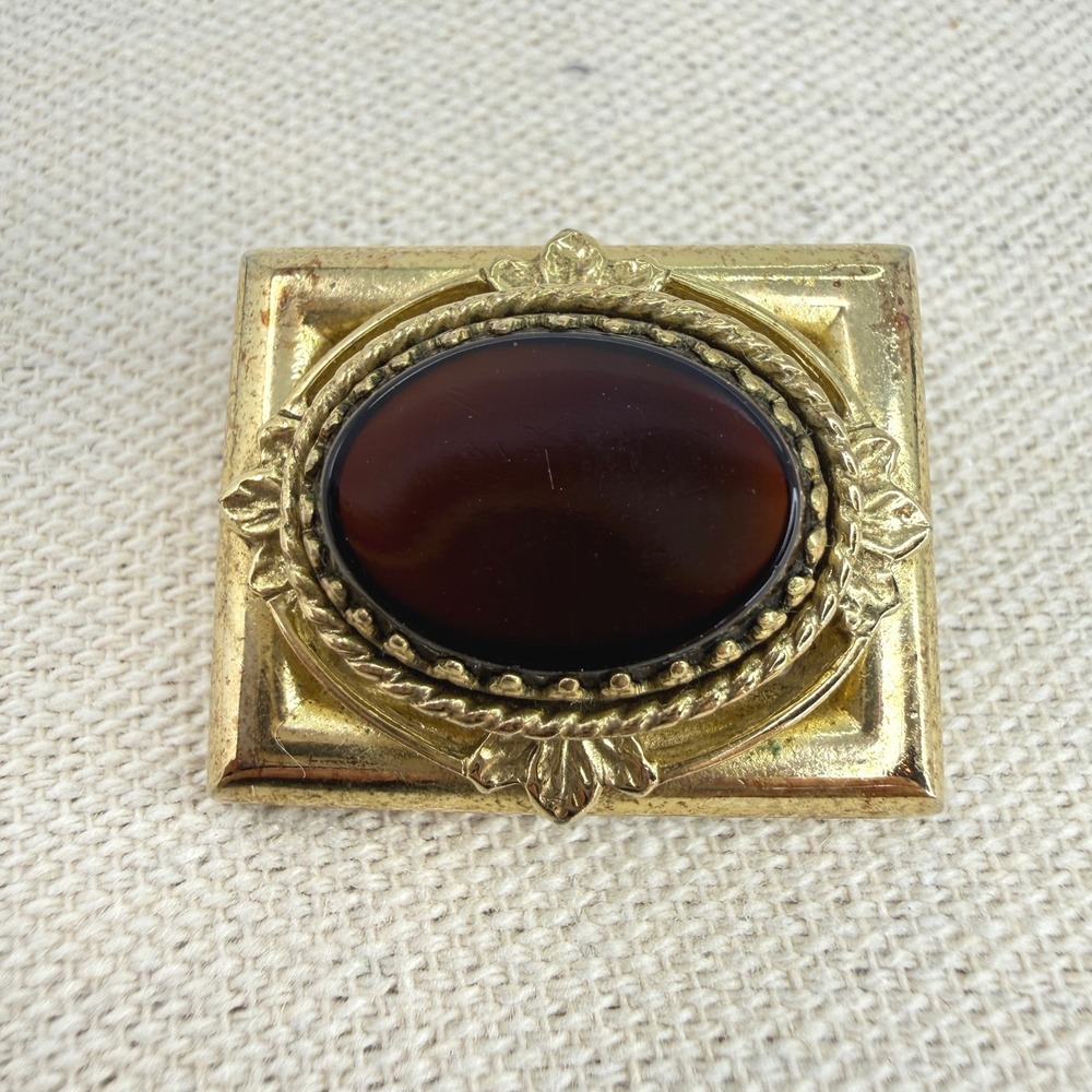Vintage Sash Pin Rectangular Brooch Reddish Brown Oval Cabochon Stone
